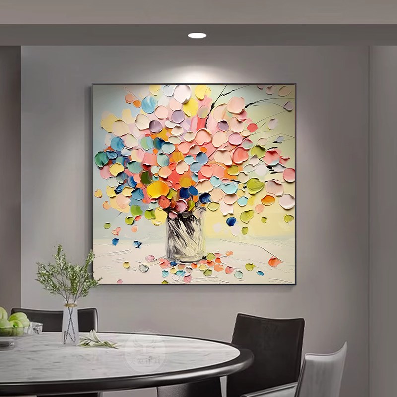现代轻奢客厅沙发背景墙装饰画抽象彩色花卉餐厅挂画墙角方形壁画图片