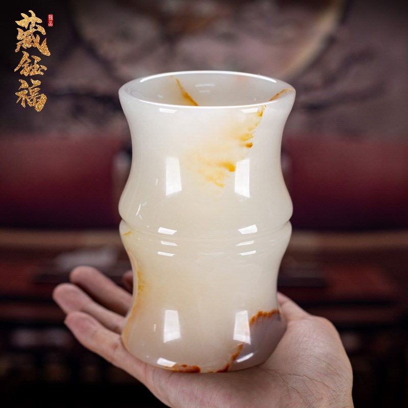 玉石笔筒书房办公室玉雕装饰摆件文房四宝圆筒花器送老师创意礼品