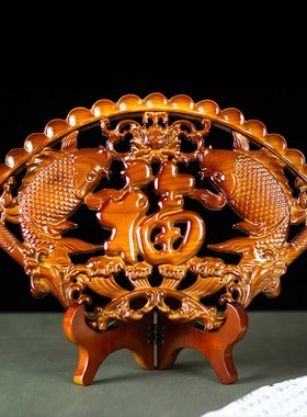 中国结桃木挂件家居送礼福字客厅大号扇形实木装饰壁挂木雕工艺品