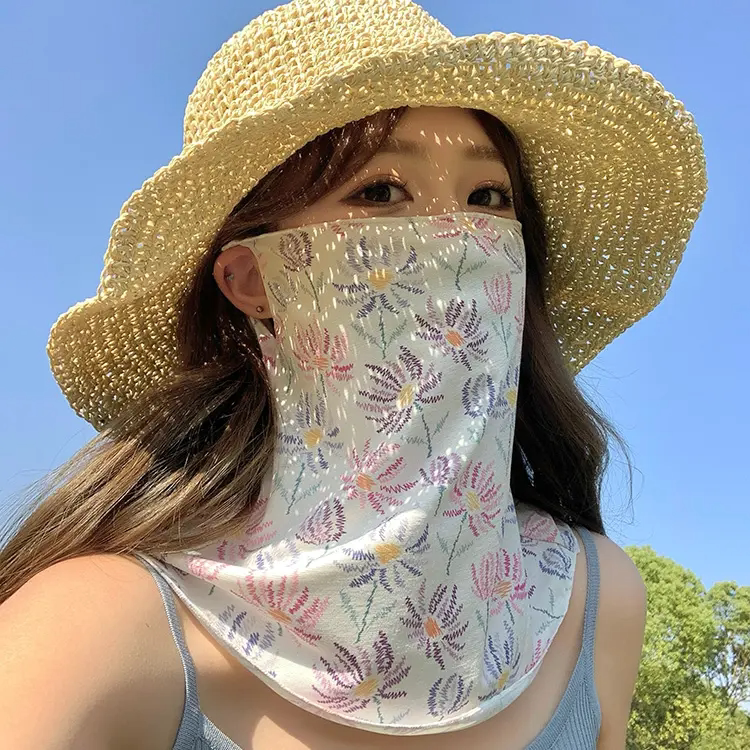 花花夏季防晒面罩女款护颈全脸防紫外线挂耳防晒脖套遮阳开车面纱
