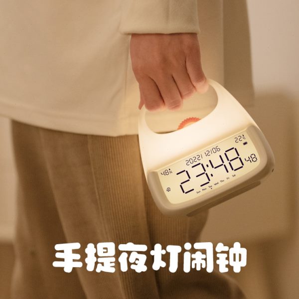 手提夜灯闹钟一体学生用多功能卧室床头静音无声电子时钟温度湿度