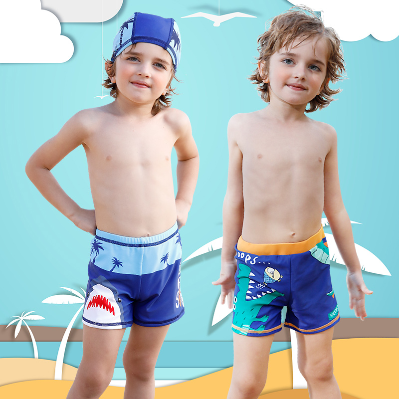 儿童泳裤男童平角韩版卡通游泳裤泳帽套装小孩中大童宝宝游泳装备