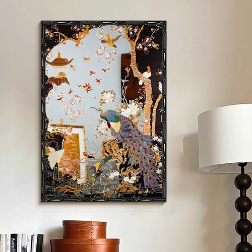 孔雀神鸟中古镜子中式画国风艺术品送礼画装饰画书房客厅玄关挂画