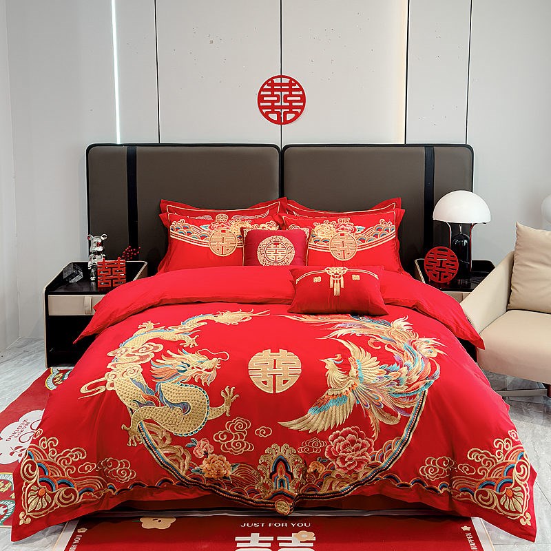 中式龙凤刺绣结婚四件套大红色床单被套喜庆婚庆床上用品
