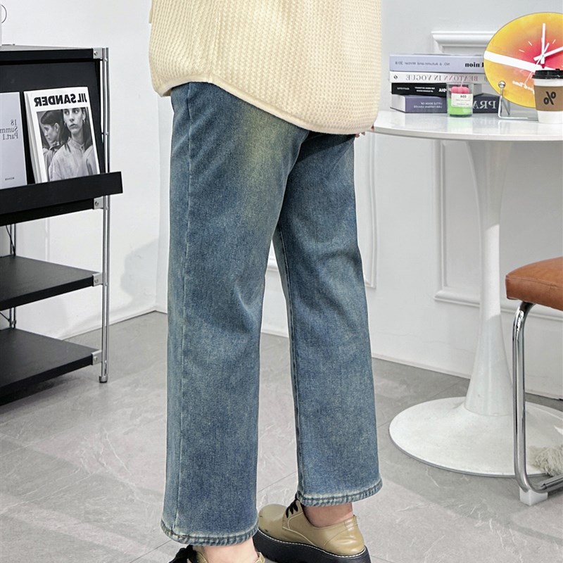 加绒加厚黑色直筒牛仔裤女秋冬小个子九分微喇叭裤高腰显瘦烟管裤