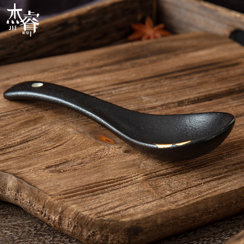 描金日式和风陶瓷餐具黑金墨玉汤匙汤勺勺子创意调羹微波炉适用