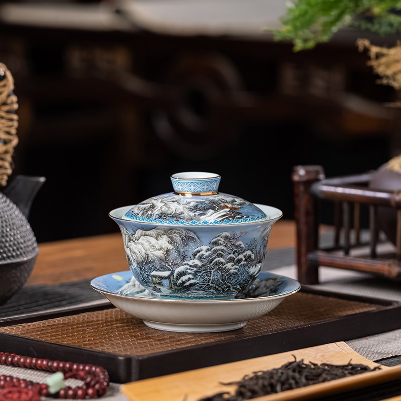 景德镇珐琅彩雪景三才盖碗不烫手泡茶碗家用陶瓷功夫茶具大号茶杯