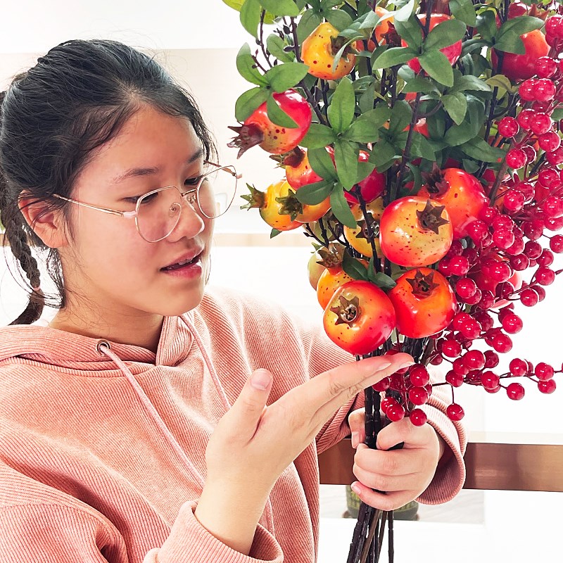 石榴花仿真花柿子发财红果子冬青复古单支假花高品质摆件客厅插花