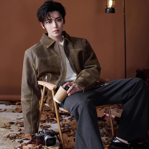 侯明昊同款棕色复古痞帅秋冬夹克