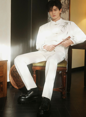 任嘉伦同款新中式风白色竹叶刺绣西服男中国风盘扣休闲西装外套潮