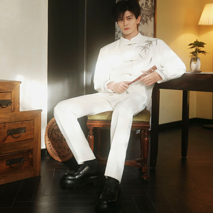 外套潮 风白色竹叶刺绣西服男中国风盘扣休闲西装 任嘉伦同款 新中式