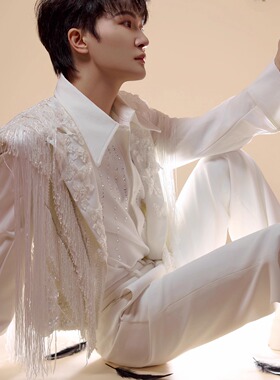 周深明星同款白色重工水钻西服套装男高级感时尚晚宴风商务正装潮