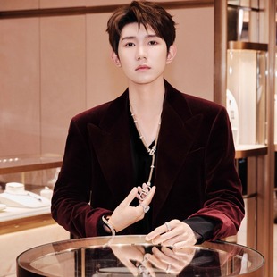 外套秋冬高级感商务休闲西服外套 男士 王源明星同款 酒红色丝绒西装