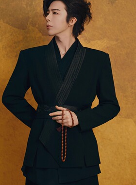 刘宇宁同款黑色新中式绅士风西装男收腰带刺绣修身高级西服痞帅潮