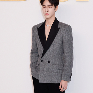 休闲西服潮 男商务高级感时尚 李昀锐明星同款 灰色老钱风双排扣西装