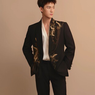 李昀锐明星同款黑色重工金叶片刺绣西服男士高级感商务演出外套潮