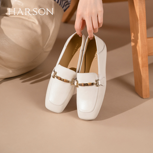 哈森2026新款牛皮马衔扣乐福鞋低跟薄款两穿小皮鞋女HWS260183