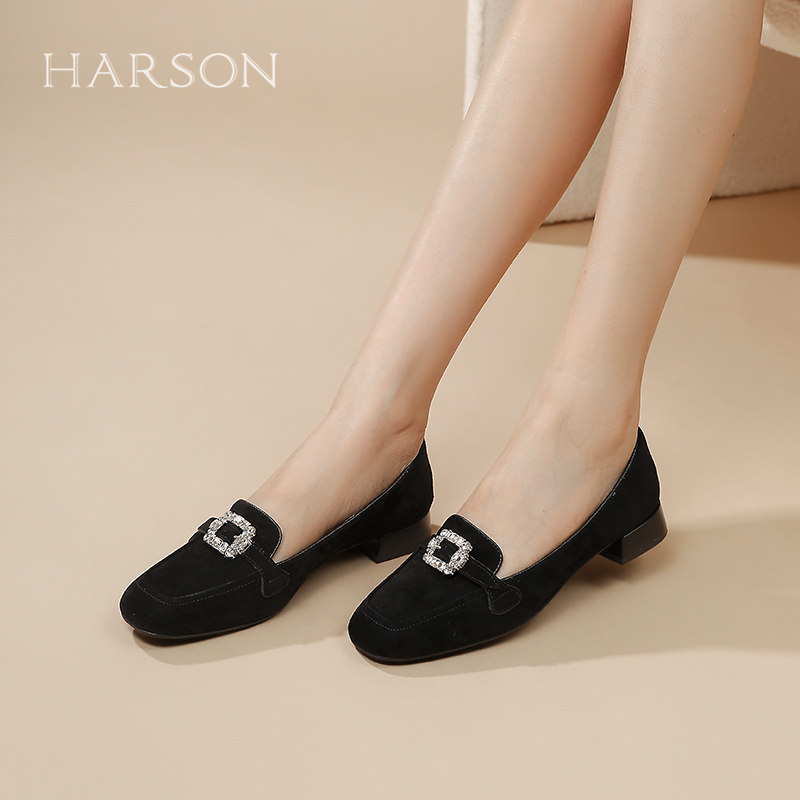 哈森舒适方头粗中跟单鞋春季新款时尚水钻方扣通勤女鞋HS25770