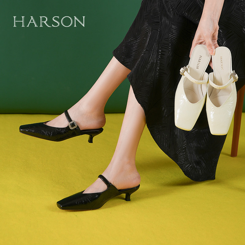 哈森夏季新款方头真皮包头半拖时装拖鞋外穿高跟百搭HWM25011