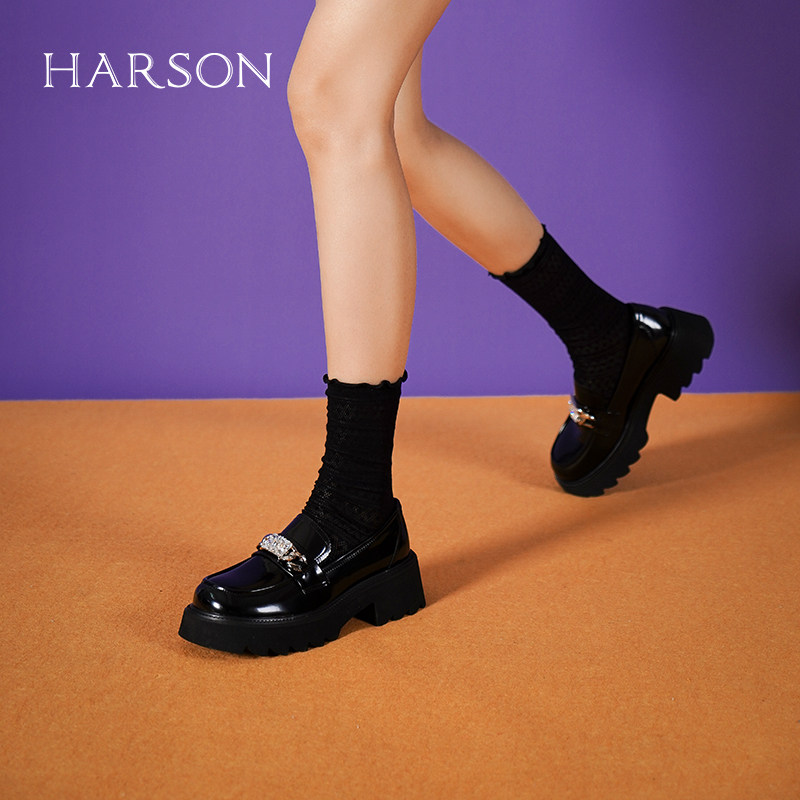 哈森舒适牛皮革英伦风小皮鞋方跟圆头百搭厚底乐福鞋HS232510