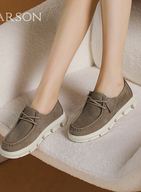 哈森时尚厚底休闲鞋2025春季新款系带真皮牛津鞋HWCS250106