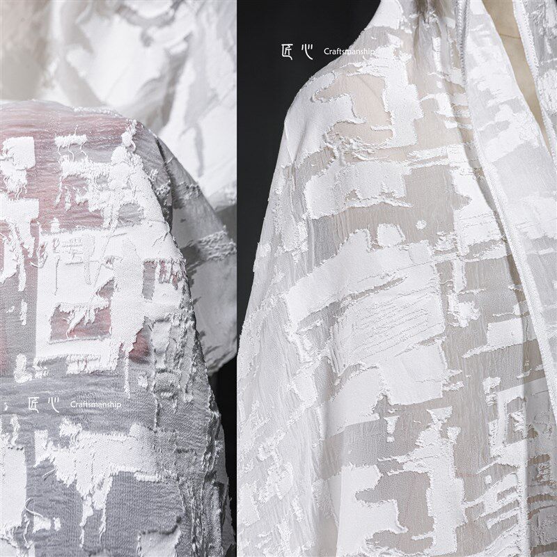 白色剪影镂刻剪花破烂提花布肌理网纱雕刻工艺创意服装设计师面料