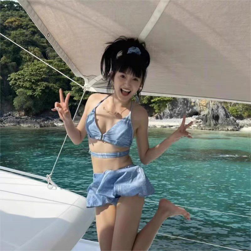 特价林小宅同款泳衣女2023新款牛仔前扣比基尼小裙子保守分体泳装