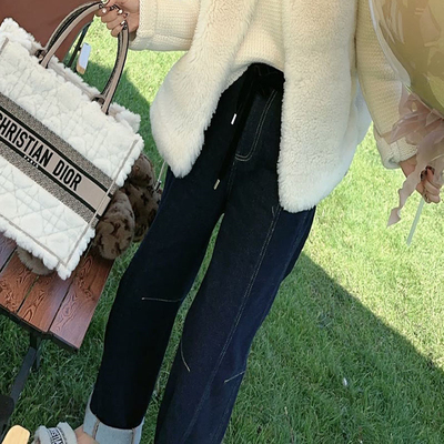 不掉色直筒牛仔裤女2024春季新款丝绒H腰头拼接宽松弹力显瘦男友