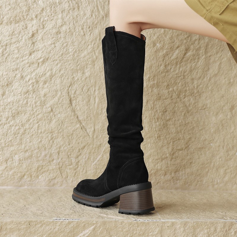 不过膝高筒靴女粗跟松糕底复古长靴厚底磨砂真皮靴.显瘦长筒靴