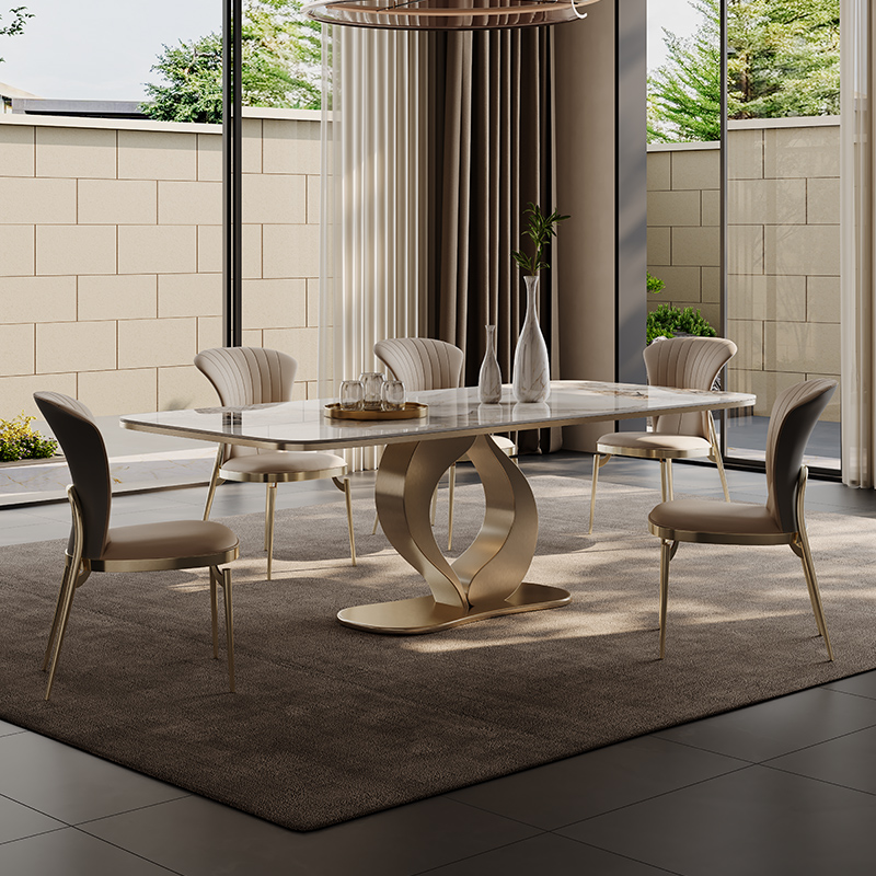 意式轻奢餐桌简约别墅饭桌组合大F理石纹家用高端奢石岩板餐桌