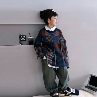 儿童休闲裤 2023新款 洋派中大童宽松做旧老爹 冬季 男童加绒b牛仔裤