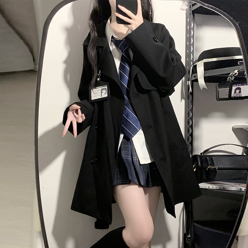 原创 裕本川风衣 日系jk制服大衣长短款黑色卡其色上衣外套
