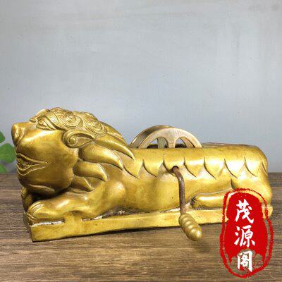 古玩老物件纯铜大狮子墨斗墨线盒古代木工划线工具铜器旧货收藏