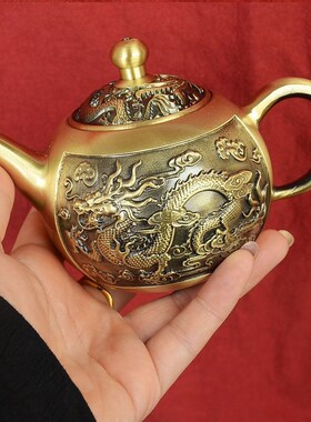 全黄铜龙凤茶壶套装六件套茶具纯铜山水壶摆件全套办公室装饰