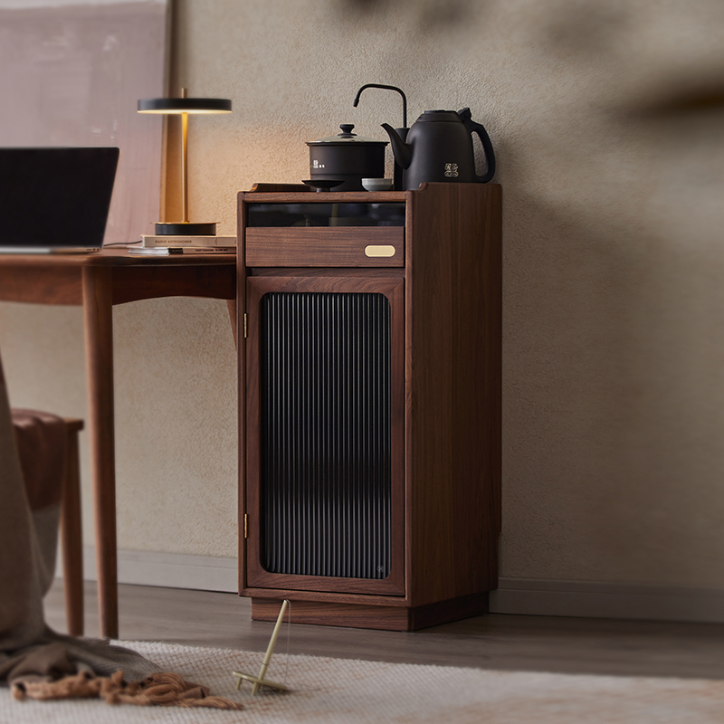 实木窄茶吧机智能饮水q机即热式黑胡桃木自动上水茶水柜下置水桶