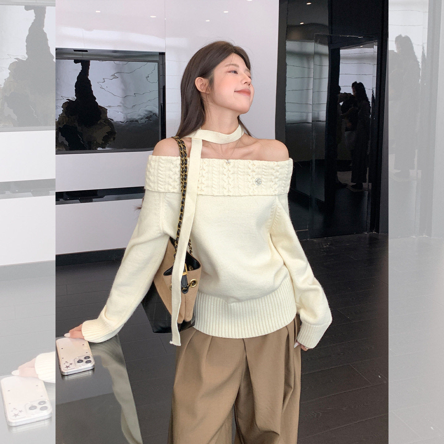 温柔风一字肩露肩软糯毛衣女2026早秋小个子甜美麻花针织衫上衣