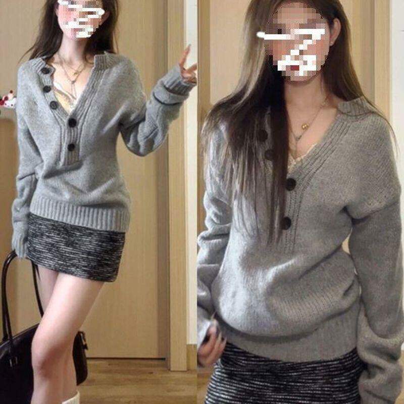 开春韩系穿搭薄款灰色v领针织衫女春季2025年新款高级感长袖上衣