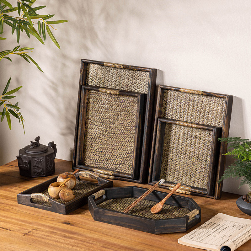 泰国实木藤编托盘家用客厅茶杯茶具收纳复古木质茶盘长方形茶托盘,餐饮具,盘,淘宝优惠券,粉丝福利购,淘宝优惠卷