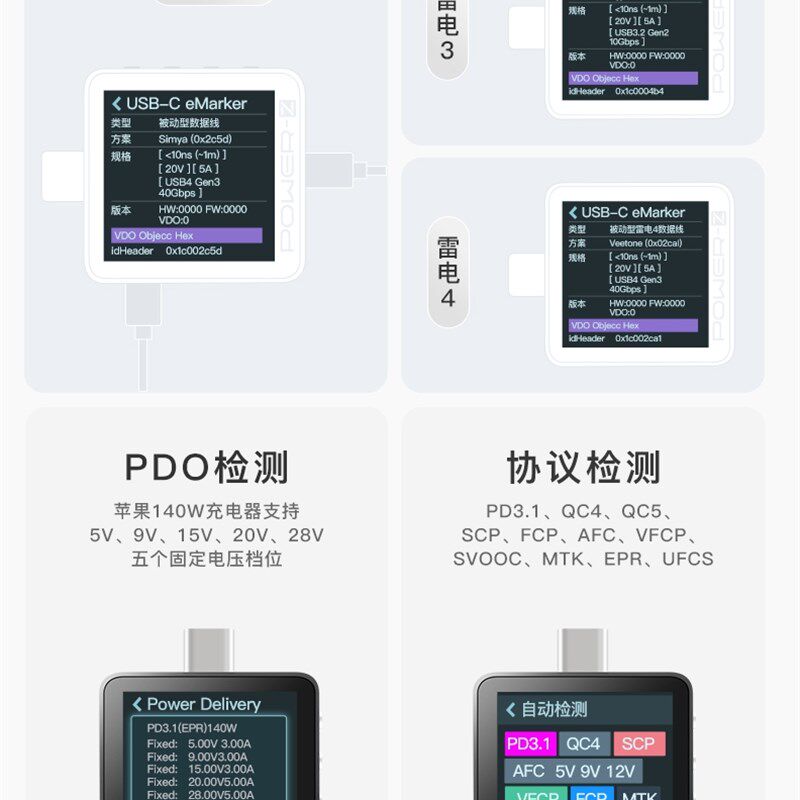 power-z usb测试仪电压电流表快充充电功率检测仪pd诱骗器km003c