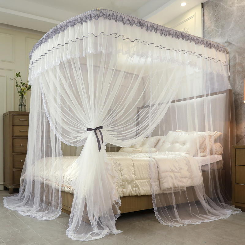 伸缩蚊帐U型家用公主风三开门1 5米1 8床加密落地卧室不锈钢支架