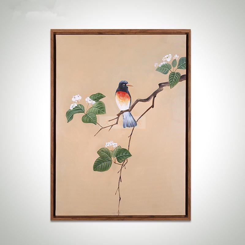 纯手绘油画 画新中式油画 画工笔花鸟家庭装饰画 画玄关饭厅有框图片