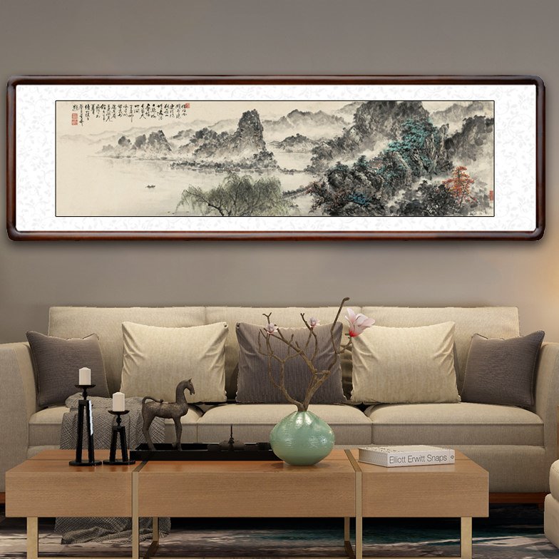 中式客厅装饰画风景山水画靠山沙发背景墙挂画借问西湖中堂壁画