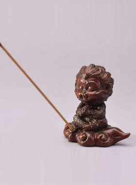 紫铜茶宠小物件 孙悟空至尊宝脚踏七彩祥云香插手把件 茶道摆件