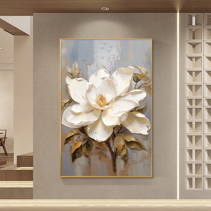 现代轻奢玄关装饰画抽象手绘油画牡丹花进门入户挂画客厅竖版壁画图片