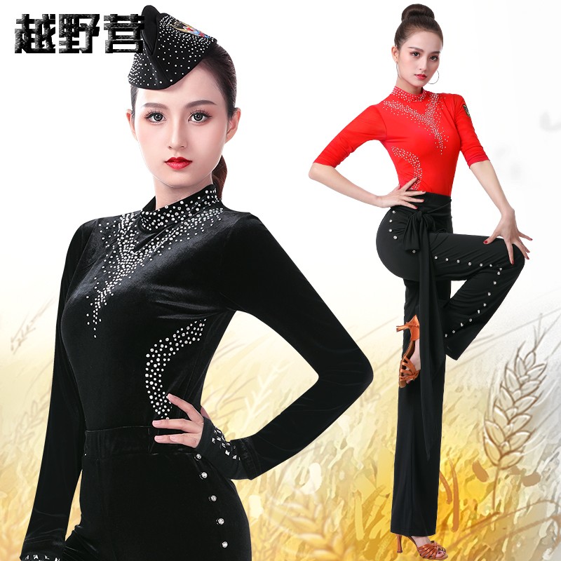秋冬水兵舞服装女广场舞吉特巴套装演出服上衣金丝绒长袖拉丁舞服