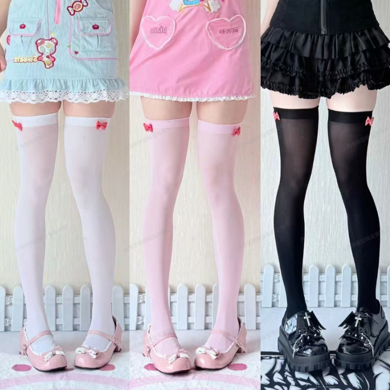 日系软妹JK制服袜Lolita爱心天鹅绒蝴蝶结过膝袜少女粉萝莉可爱