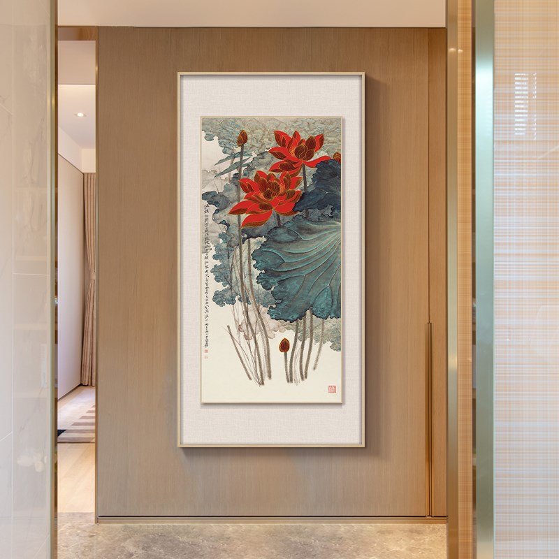 张大千金线荷花寓意好立体装饰画新中式玄关挂画走廊过道尽头壁画