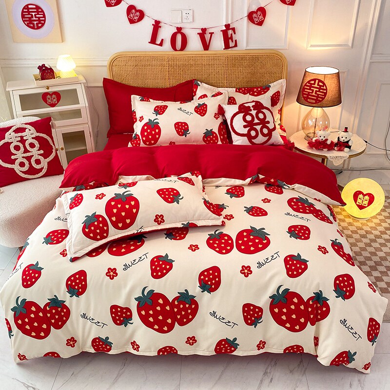 结婚四件套婚庆斜纹磨毛印花红色婚房喜被床单被罩大红色婚礼被套