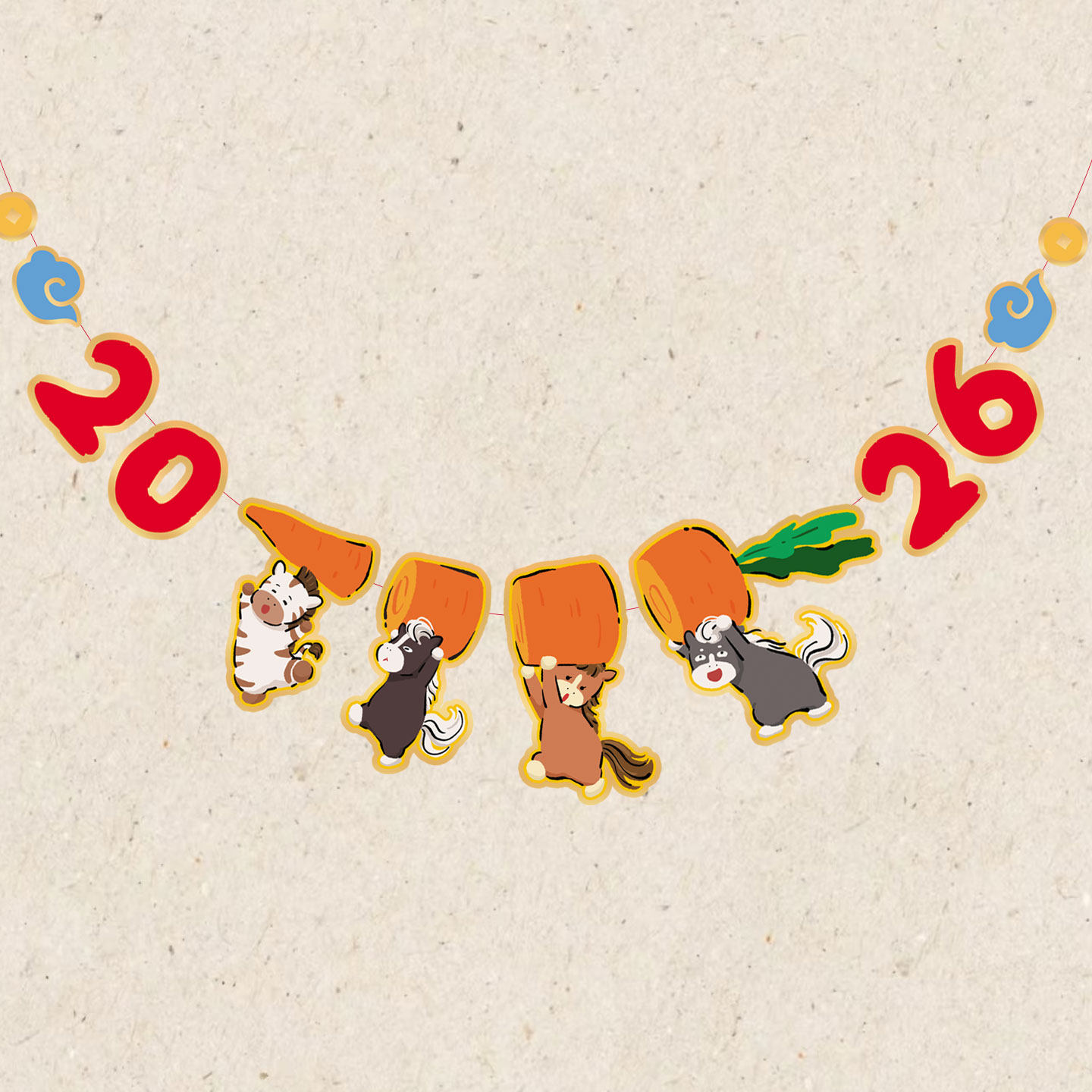 大湃2026马年拉旗对联原创拉花新年场景布置过年氛围卡通挂饰装饰