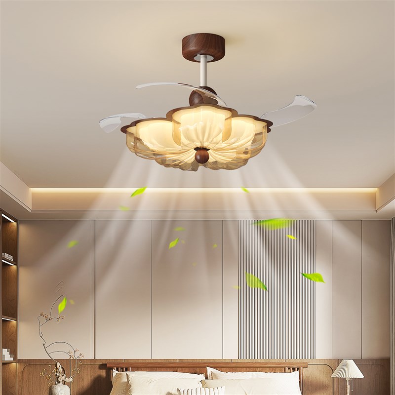 中古风扇灯新中式花朵卧室灯法式覆古吸顶J电风扇一体灯饭厅吊扇